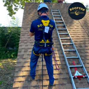 A chimney sweep worker in safety gear on a roof with a ladder for Rooftop Chimney Sweeps in Alexandria, VA.