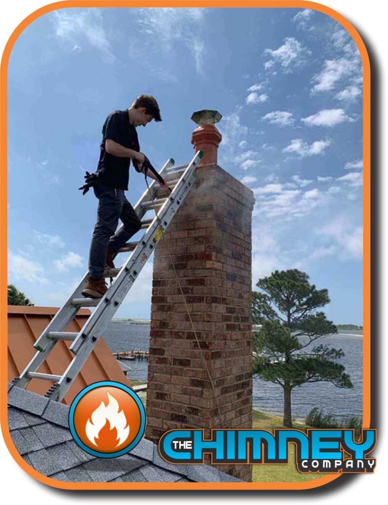 A chimney sweep technician on a ladder working on a brick chimney on a rooftop for The Chimney Company in New Orleans, LA.