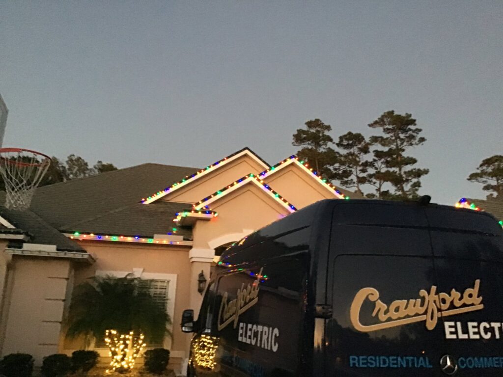 Professional Christmas light installation on a house by Crawford Electric Services, LLC in Kings Mountain, NC.
