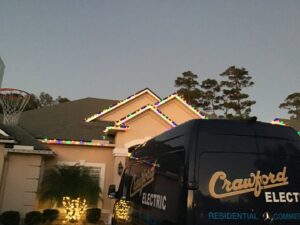Professional Christmas light installation on a house by Crawford Electric Services, LLC in Kings Mountain, NC.