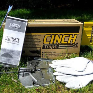 A Cinch Trap kit including the trap, gloves, and instructions, essential tools for effective mole and gopher control in Beaverton, OR.