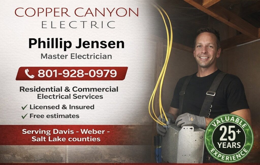 An electrical circuit breaker panel with its cover off, showing detailed wiring for maintenance by Copper Canyon Electric in Farmington, UT.