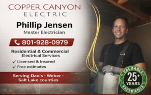 An electrical circuit breaker panel with its cover off, showing detailed wiring for maintenance by Copper Canyon Electric in Farmington, UT.