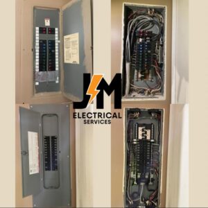 A collage showing various circuit breaker panel upgrades and installations by J&M Electrical Services in Stockbridge, GA.