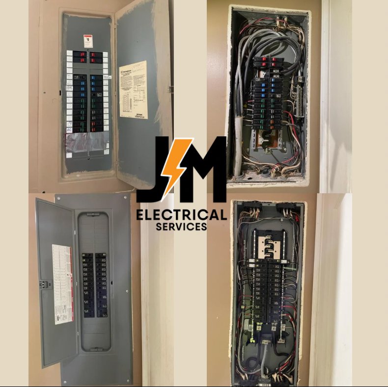 A collage showing various circuit breaker panel upgrades and installations by J&M Electrical Services in Stockbridge, GA.