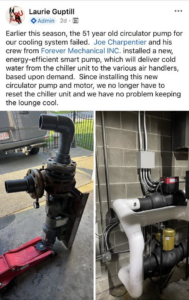 Before and after of a circulator pump replacement for a cooling system by Forever Mechanical INC. in Worcester, MA