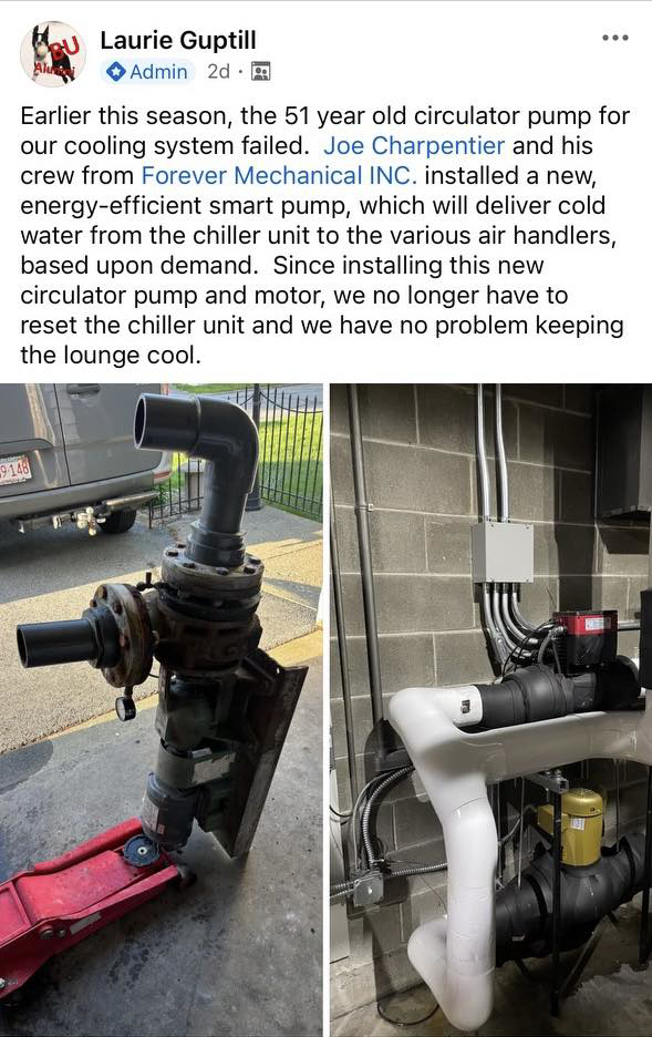 Before and after of a circulator pump replacement for a cooling system by Forever Mechanical INC. in Worcester, MA