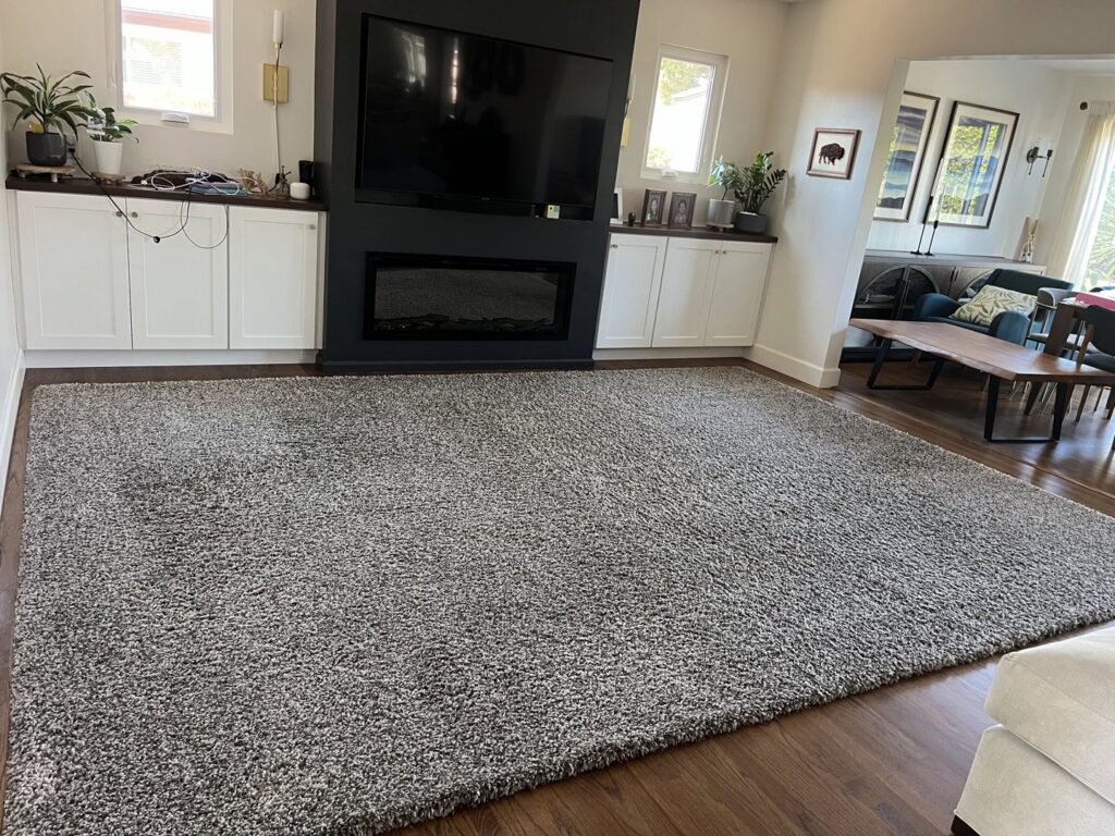 A large, clean area rug in a modern living room, maintained by Soap & Steam Carpet Cleaning in Raleigh, NC