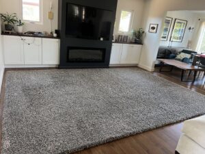 A large, clean area rug in a modern living room, maintained by Soap & Steam Carpet Cleaning in Raleigh, NC