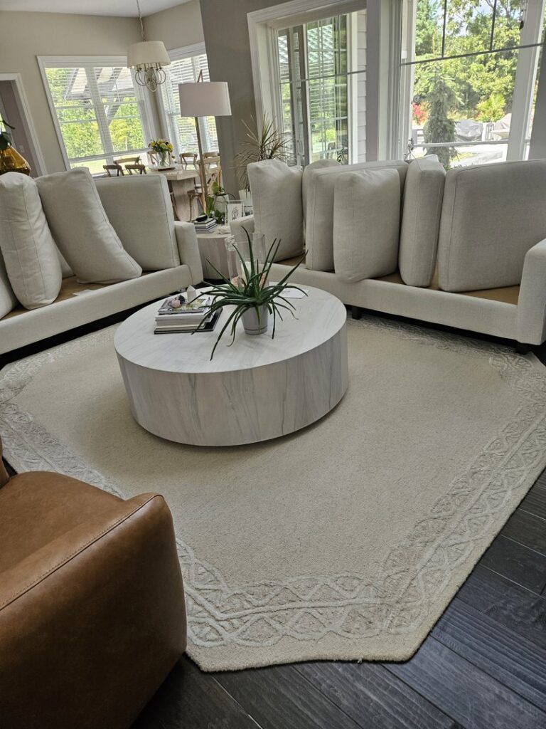 A beautifully clean area rug in a modern living room, maintained by Clean Technologies, LLC in Middletown, PA.
