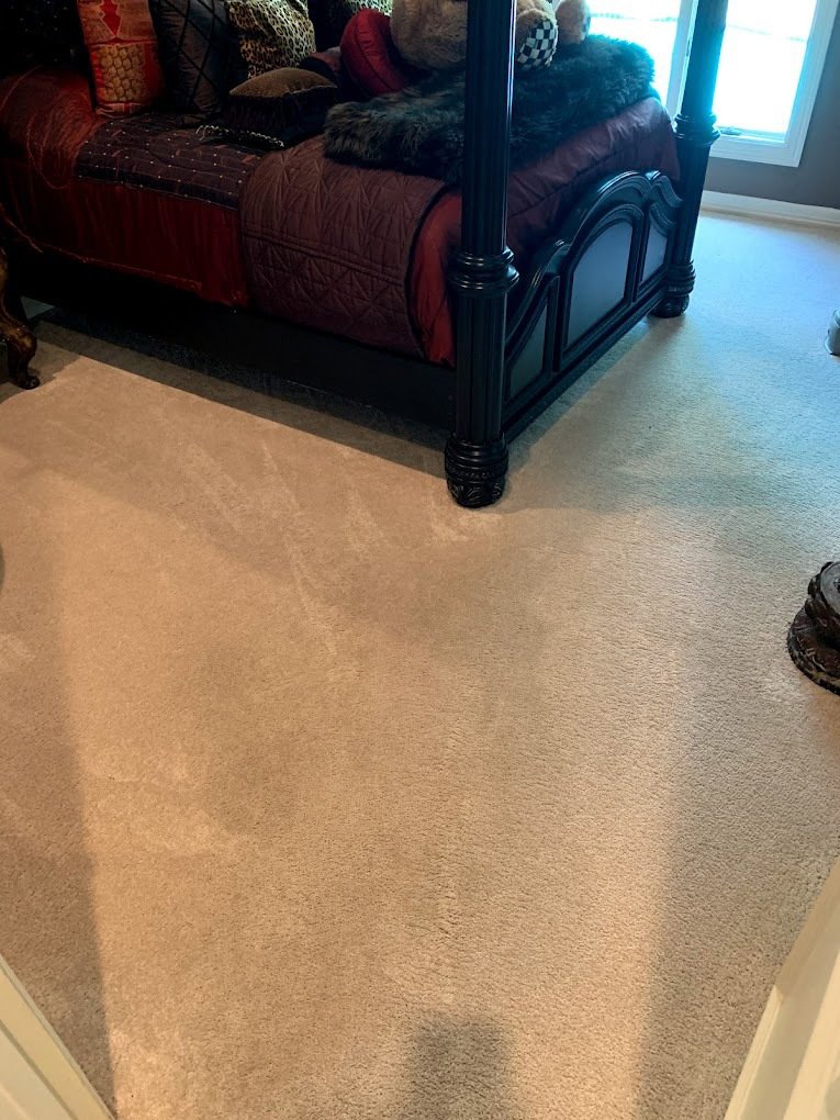 A clean, light-colored carpet in a bedroom after professional cleaning by Bee's Dry Organic Carpet Cleaning in San Antonio, TX.