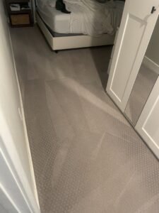 A clean bedroom carpet showing fresh vacuum lines after professional cleaning by Carpet Kingz in Houston, TX