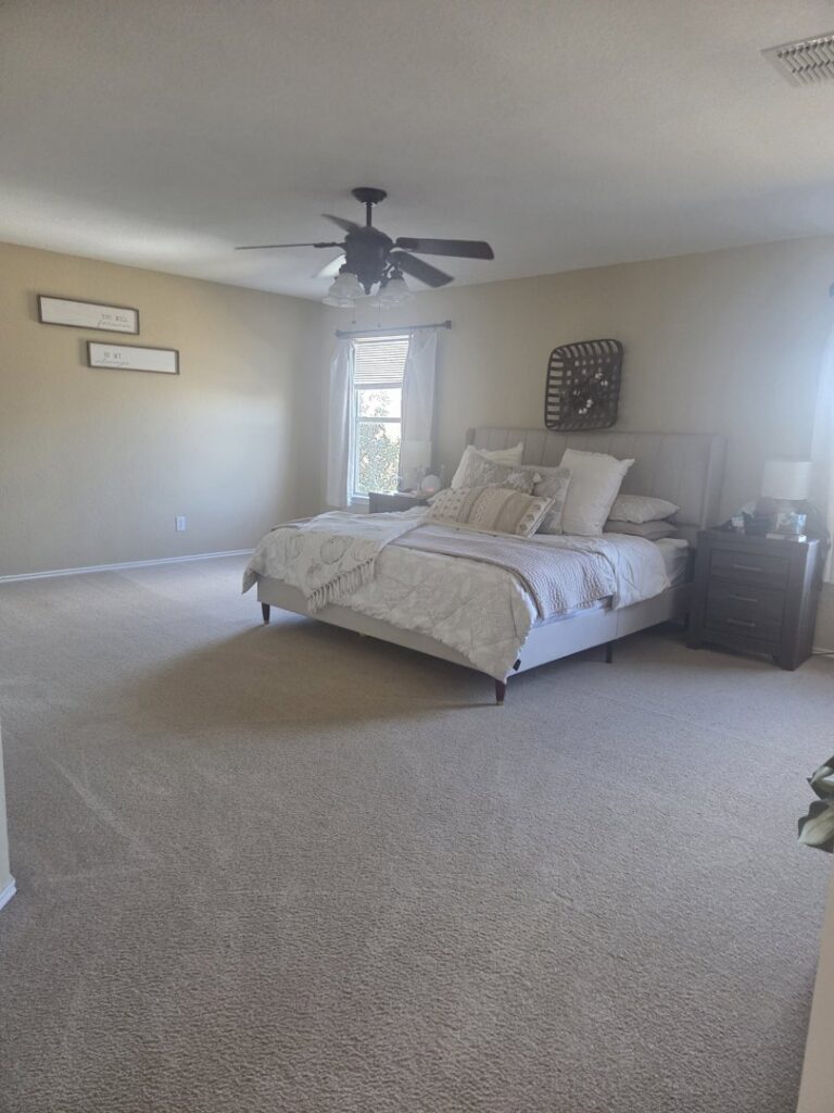 A bright and clean bedroom carpet after professional service by Master's Touch Steam Cleaning in San Antonio, TX.