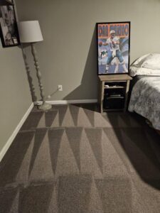 A clean, light-colored bedroom carpet showing distinct cleaning lines after professional service from JDog Carpet Cleaning & Floor Care Alpharetta in Roswell, GA.