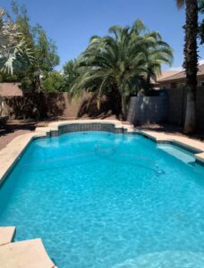A clean, blue pool with a pool hose visible, indicating ongoing maintenance by Space Ranger Pools in Gilbert, AZ.
