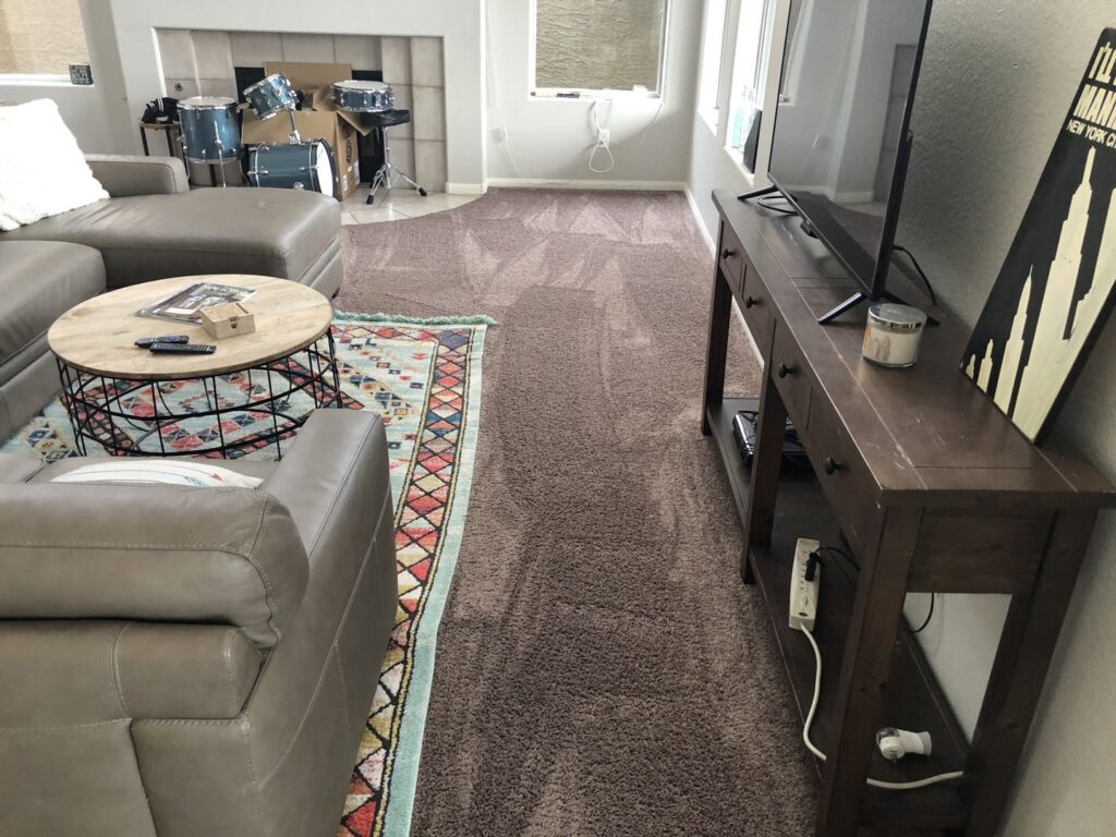 A clean brown carpet in a living room with furniture, showcasing the results of Ecodry Carpet Cleaning Las Vegas, NV.