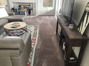 A clean brown carpet in a living room with furniture, showcasing the results of Ecodry Carpet Cleaning Las Vegas, NV.