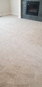 A clean carpet with visible cleaning patterns in a room with a fireplace, done by Leo's Carpet Cleaning in Omaha, NE