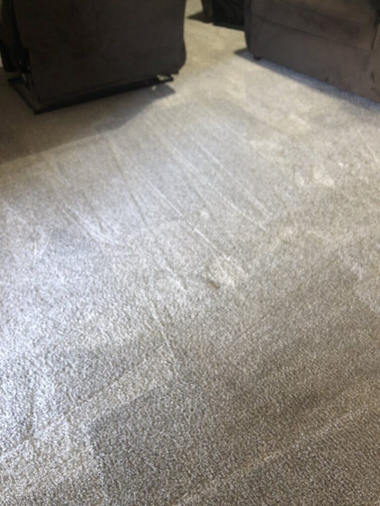 A clean carpet with clear cleaning lines in front of a fireplace by Alamogordo Carpet Cleaning in Alamogordo, NM.