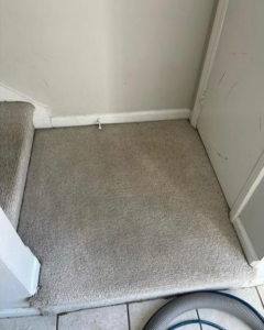 Clean carpeted landing area with a cleaning hose, showing recent service by D&A Carpet Cleaning in Durham, NC.