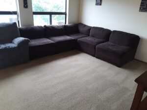 A clean carpeted living room with a dark sectional sofa after professional service by Alaska Dry Carpet in Anchorage, AK.