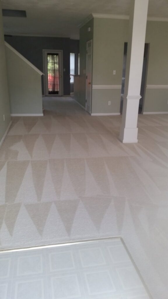 Clean carpet in a living room with professional cleaning patterns by BareFoot Clean, Inc. in Virginia Beach, VA.