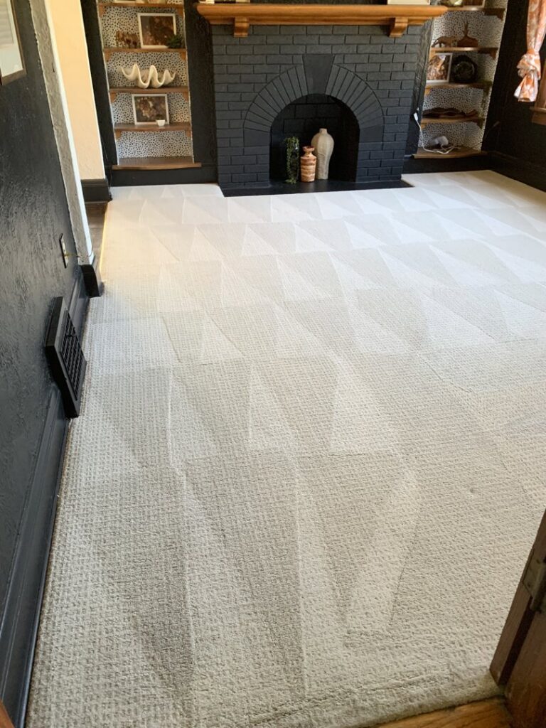 A living room with freshly cleaned carpet and distinct patterns near a fireplace by 5 Alarm Carpet Care in West Allis, WI.