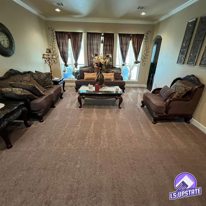 A clean, patterned carpet in a residential living room after service by LS Upstate Cleaning in Greenville, SC.