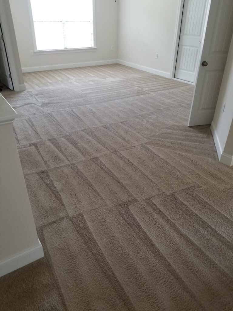 A clean carpeted room showing distinct cleaning lines after a professional service by Steam Giant in Raleigh, NC.