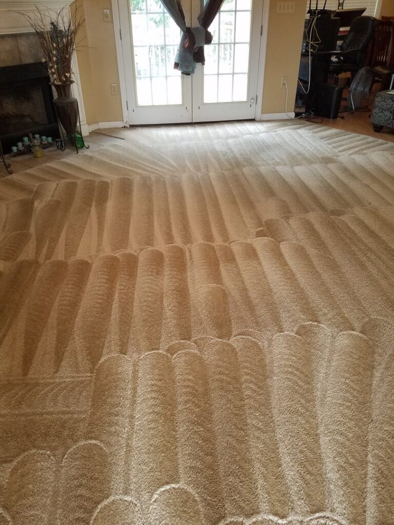 A clean carpet with distinct cleaning patterns in a living room after service by Affordable carpet cleaning CO LLC in Montgomery, AL.