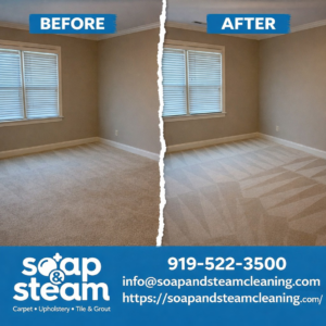 Before and after of a clean carpet with fresh vacuum lines by Soap & Steam Carpet Cleaning in Raleigh, NC