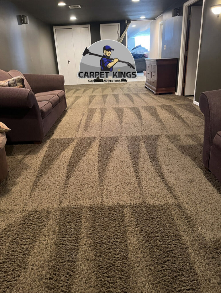 A clean residential carpet with clear vacuum lines after professional cleaning by Carpet Kings Cleaning & Restoration in Olathe, KS.