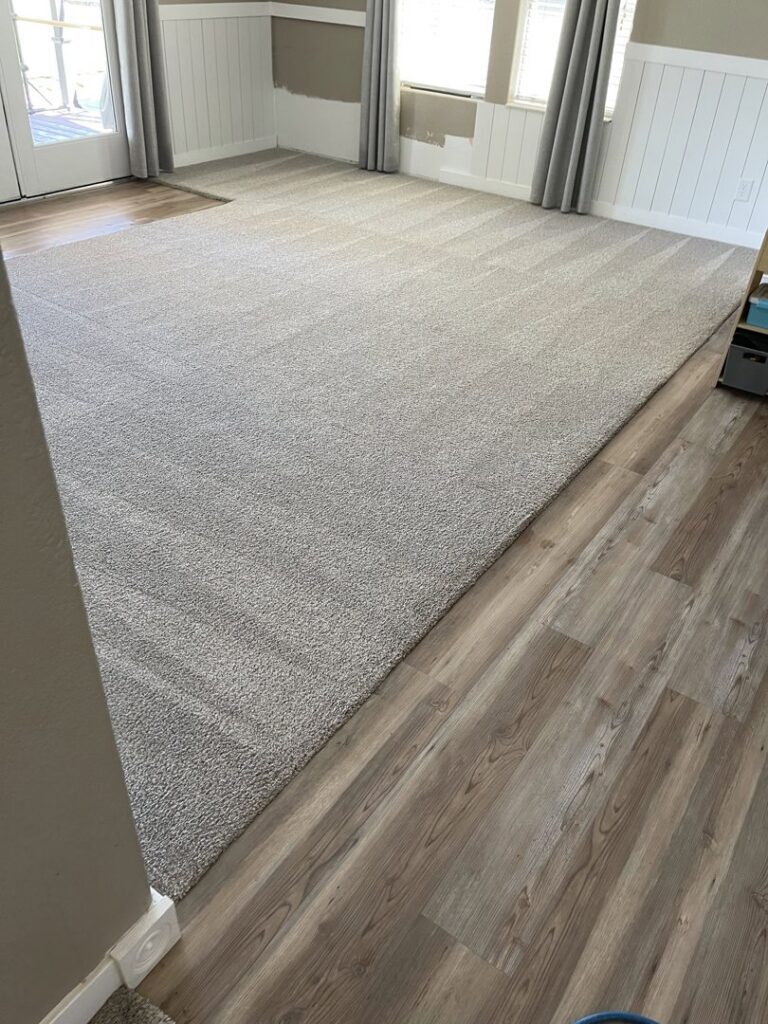 A clean carpet with distinct vacuum lines transitioning to wood flooring, serviced by Carpet PRO Cleaner in Cary, NC.