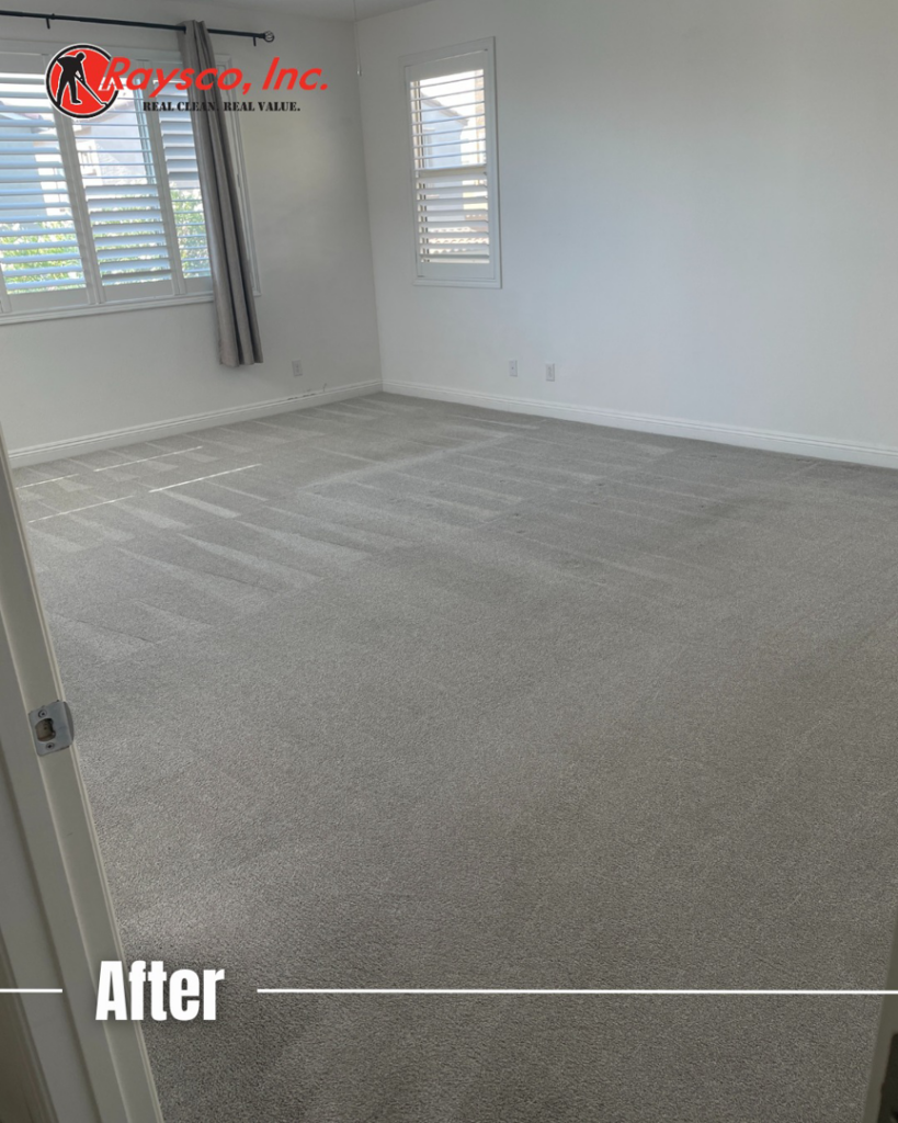 A freshly cleaned carpeted bedroom with visible vacuum lines after service by Raysco, Inc. in Las Vegas, NV.