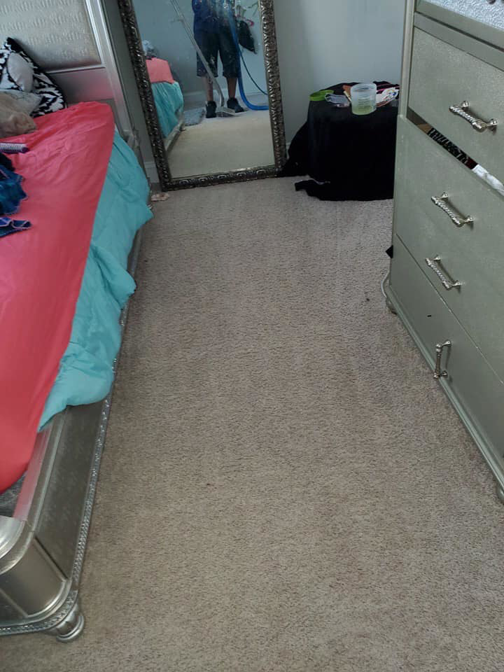 A clean and well-maintained carpeted bedroom after service by T&P Carpet Care in Charlotte, NC.