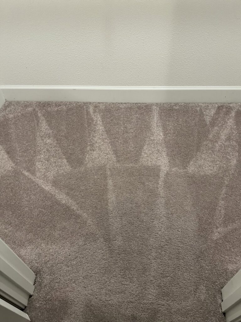 A freshly cleaned carpeted hallway showing cleaning patterns by California Xtreme Steam in Sacramento, CA