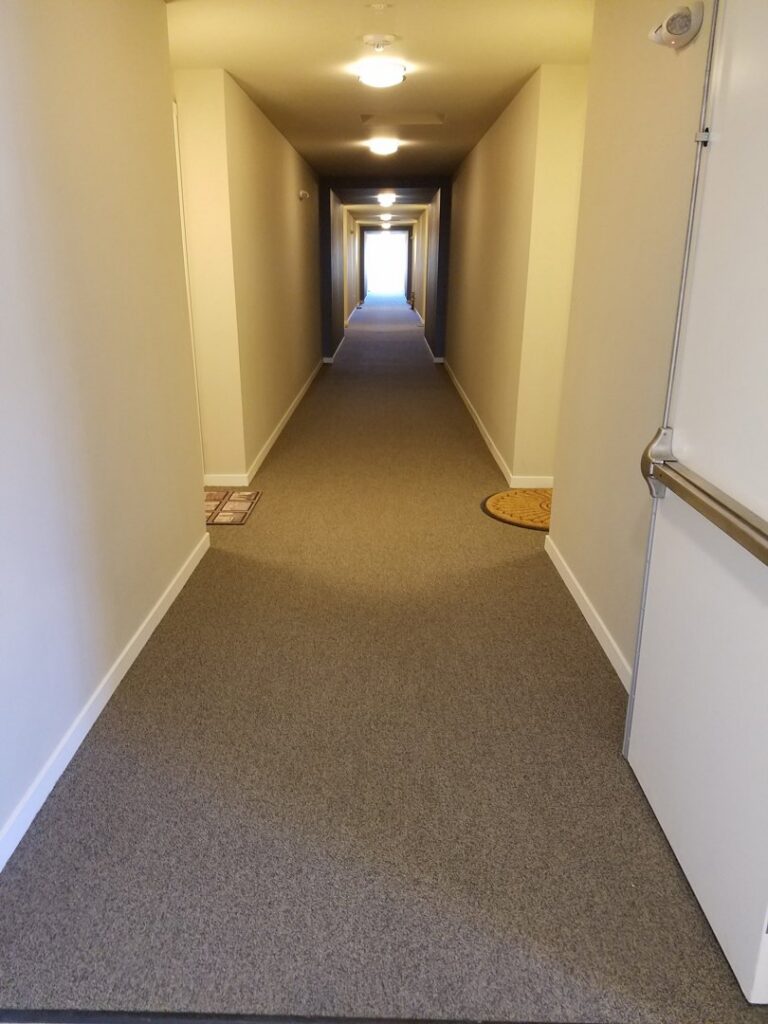A long, clean carpeted hallway, showcasing the quality work of Exceptional Carpet Care in Rochester, MN.