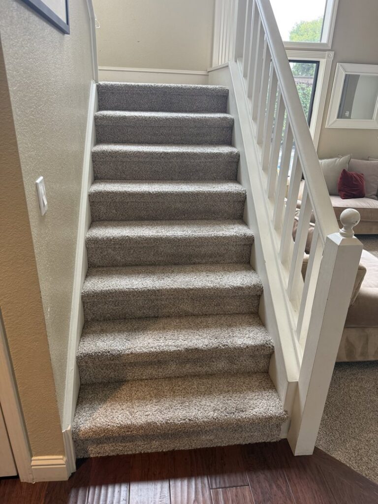 A freshly cleaned carpeted staircase after service by Easy Clean Carpet Care in Citrus Heights, CA