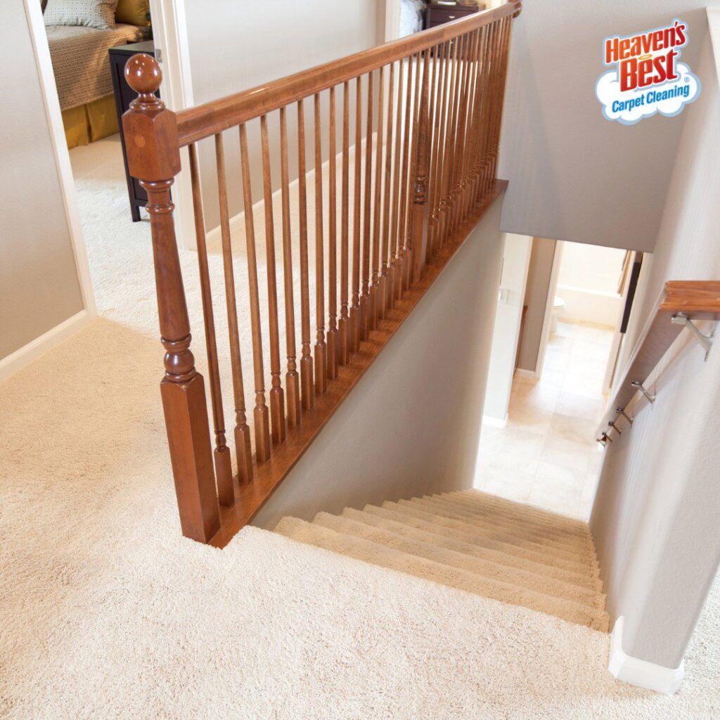 A freshly cleaned carpeted staircase and landing, showcasing the results of Heaven's Best Carpet Cleaning in Concord, NC.