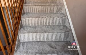 A freshly cleaned carpeted staircase with visible cleaning lines by Rent A Vet Carpet Cleaning in St. Charles, MO.