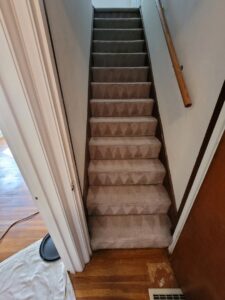 Freshly cleaned carpeted stairs with distinct cleaning lines by Hartford's Carpet Cleaning in Toledo, OH