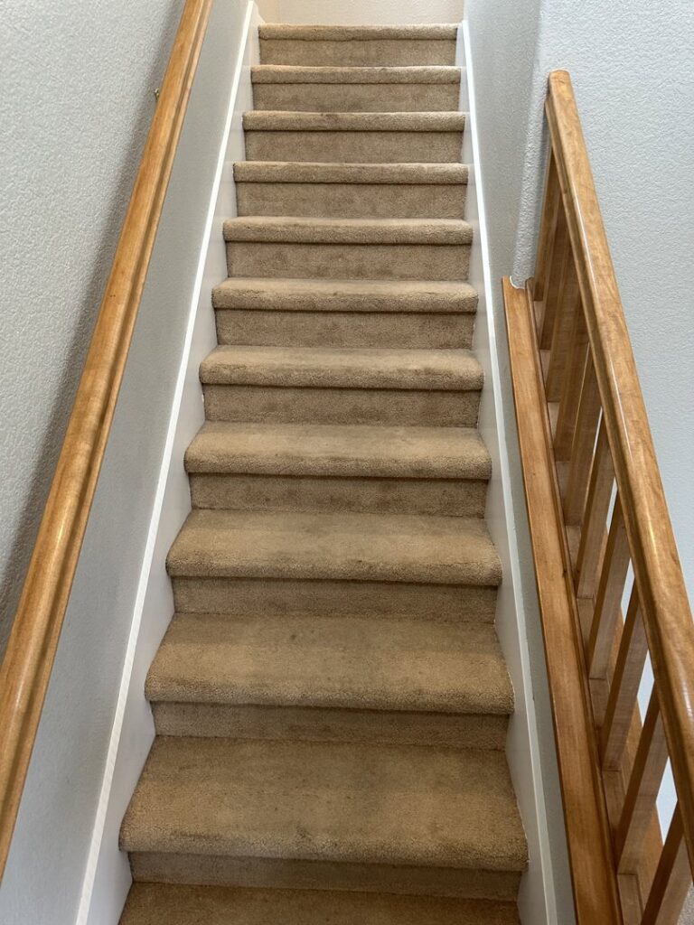 Freshly cleaned carpeted stairs, showcasing the detailed work of Hi-Tech Carpet Cleaning in Elk Grove, CA.