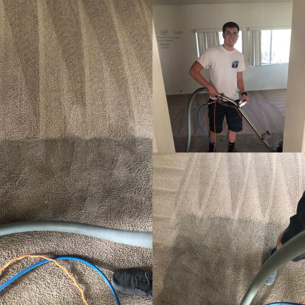 A clear comparison of a clean and dirty carpet section by Triple J Carpet Cleaning in North Las Vegas, NV.