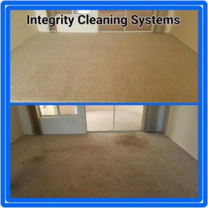 A before and after view of a carpeted room, showing professional cleaning results by Integrity Cleaning Systems in Peoria, AZ