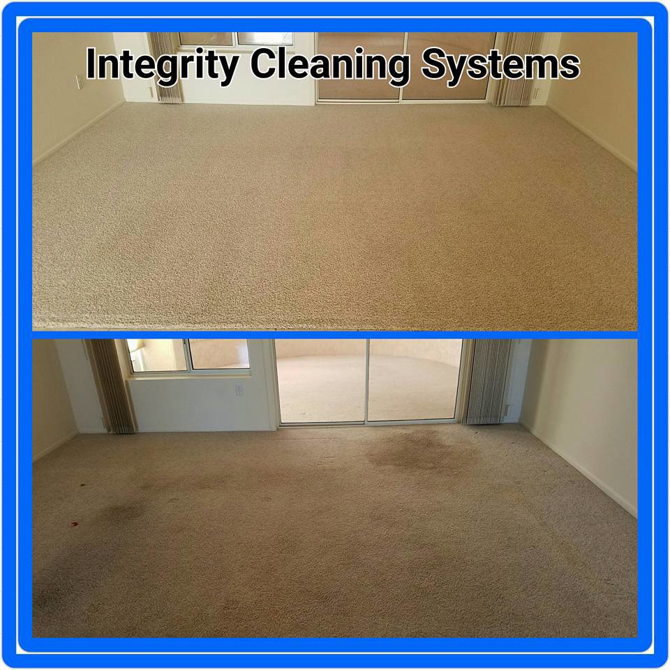 A before and after view of a carpeted room, showing professional cleaning results by Integrity Cleaning Systems in Peoria, AZ