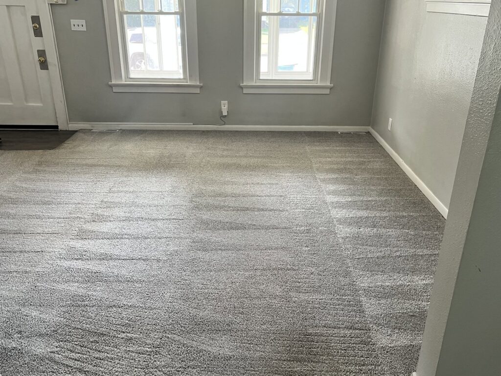 A clean grey carpet showing fresh cleaning lines from Legendary Carpet Care+ in Toledo, OH.