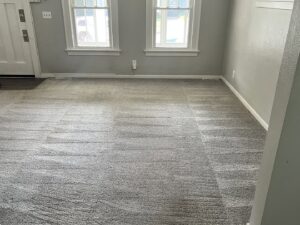 A clean grey carpet showing fresh cleaning lines from Legendary Carpet Care+ in Toledo, OH.