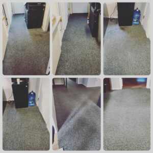 A collage of six images showcasing a freshly cleaned grey hallway carpet by Horizon Floor Care in Colonia, NJ