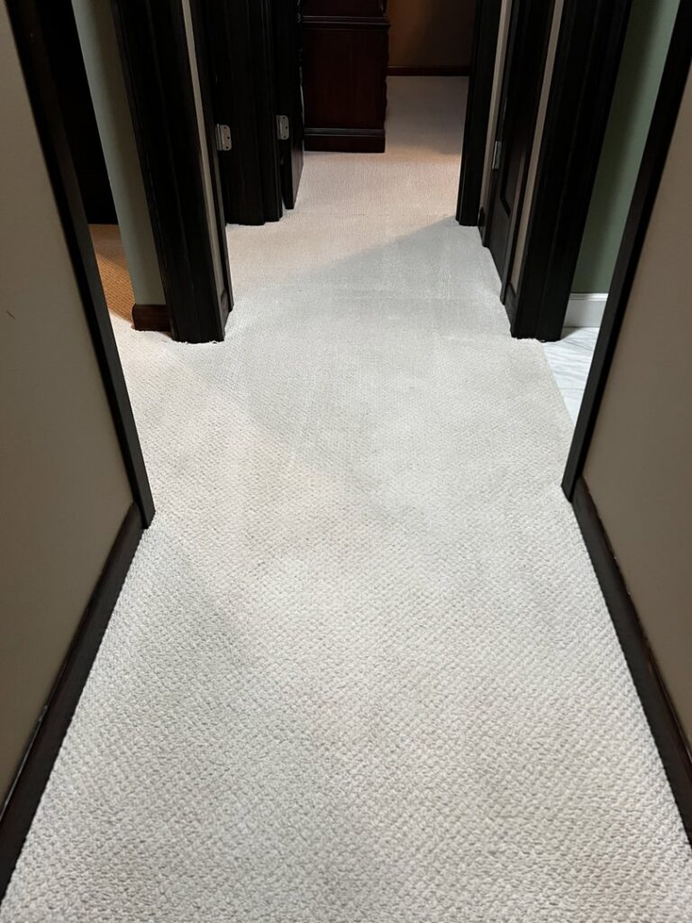 A professionally cleaned, light-colored carpet in a residential hallway by Advanced Floor Cleaning, Inc. in Elgin, IL
