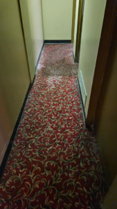 A freshly cleaned red patterned carpet in a long hallway after service by Quality Carpet Cleaning in Lewiston, ID.